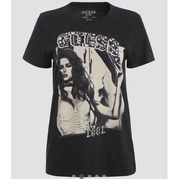 Guess Women's Short Sleeve Eco 1981 Western Girl Tee Rhinestone Black Small NWT - Picture 3 of 12